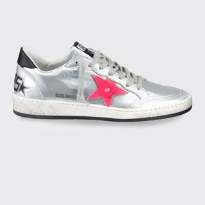 Golden Goose Silver Sneakers with Pink Star Accent